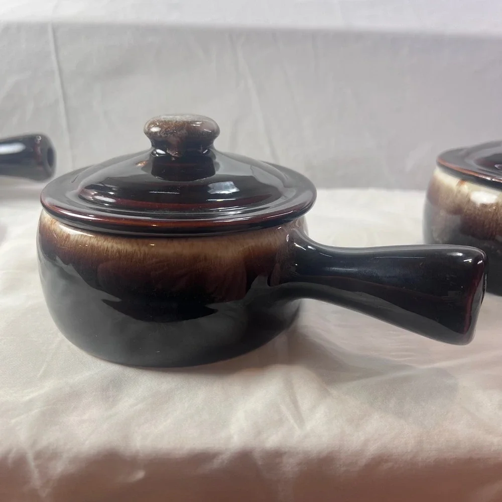 Vintage Brown Drip Glaze Ceramic Soup Crocks with Mushroom Lids Set of 4